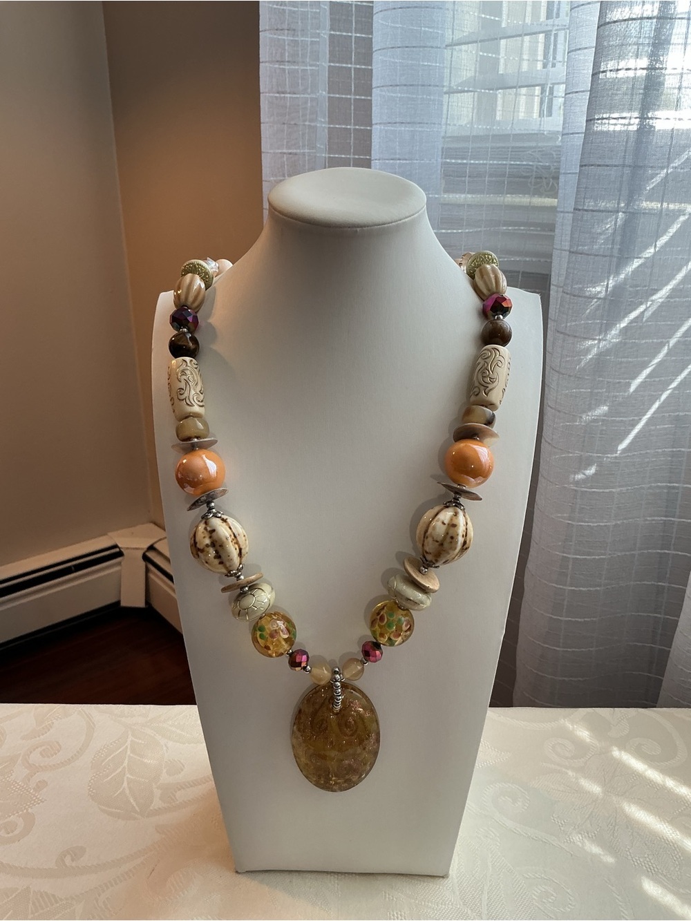Honey Amber ResinMixed Media Beaded Silver Tone Pendant Necklace